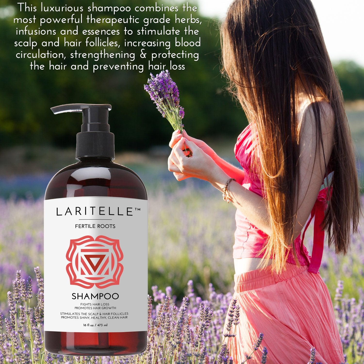 Laritelle Organic Shampoo 16 oz. Fortifying, Strengthening, Rejuvenating. Prevents Hair Shedding, Promotes New Hair Growth. Ayurvedic Herbs, Lavender, Ginger, Rosemary, Patchouli and Cloves. Vegan. GF